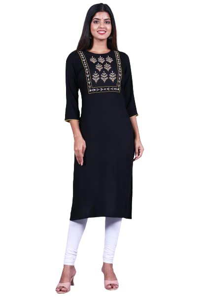 Women's Casual Solid/Embroidered Rayon Black Kurta