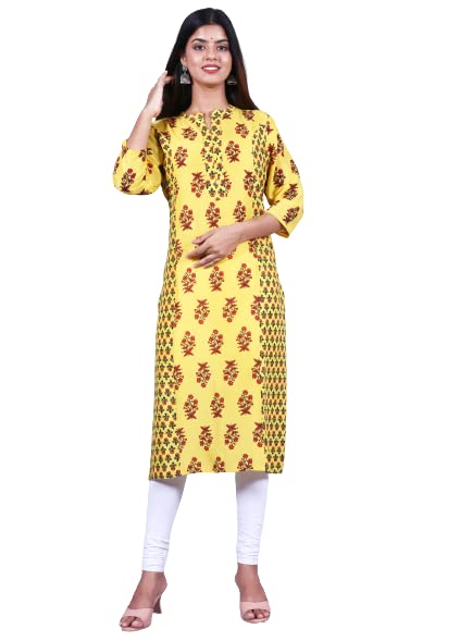 Capua Women's Casual Floral Printed Rayon Yellow Kurta
