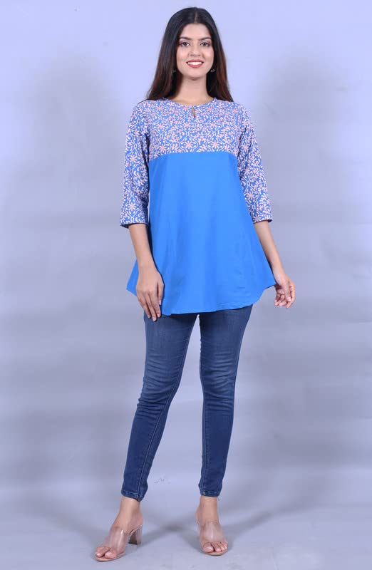 Capua Women's Casual Solid Printed Cotton Blue Top
