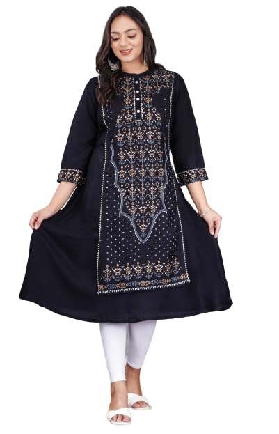 Capua  Women's Rayon Slub Casual Flared Solid/Printed Black Kurta