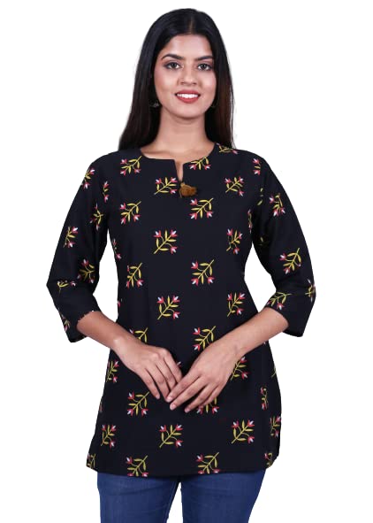 Capua Women's Casual Floral Printed 100% Cotton Black Top