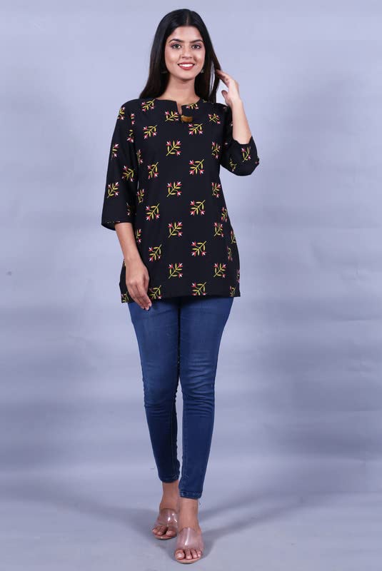 Capua Women's Casual Floral Printed 100% Cotton Black Top