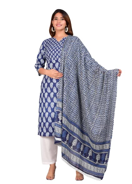 Capua  Women's Printed Blue Cotton Kurta Pant And Dupatta Set