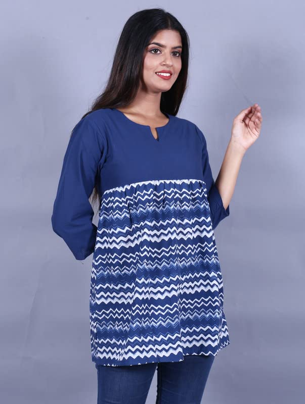 Capua Women's Casual Printed 100% Cotton Blue Top