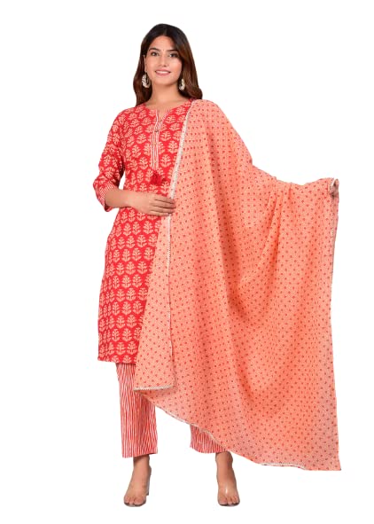 Capua  Women's Floral Printed Red Cotton Kurta Pant And Dupatta