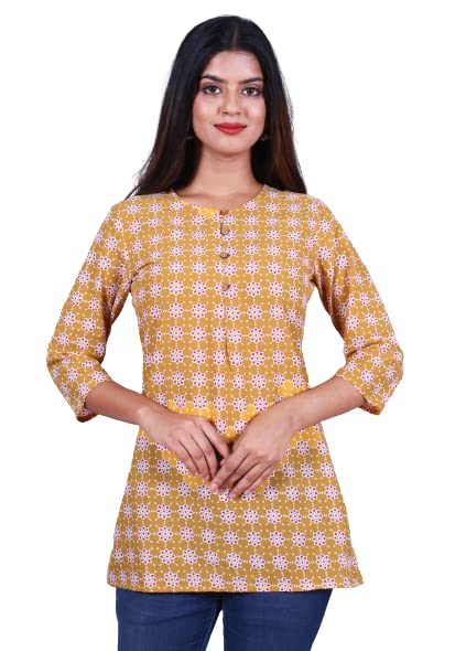 Women's Casual Printed 100% Cotton Mustard Top