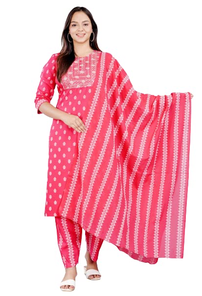 Capua Women's Rayon Printed Embroidery Straight Kurta Pant with Dupatta