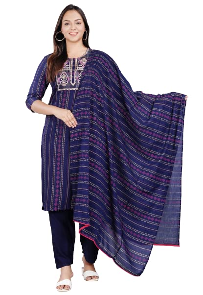 Women's Rayon Printed Embroidery Straight Kurta Pant with Dupatta