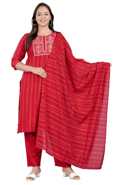 Women's Rayon Printed Embroidery Straight Kurta Pant with Dupatta