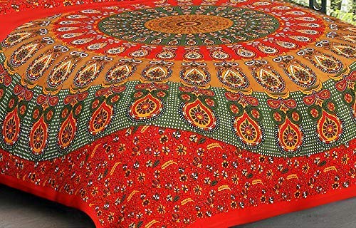 Traditional Jaipuri Double Bedsheet Cotton with 2 Pillow Cover (Red Mandala, 220 X 240 cm)