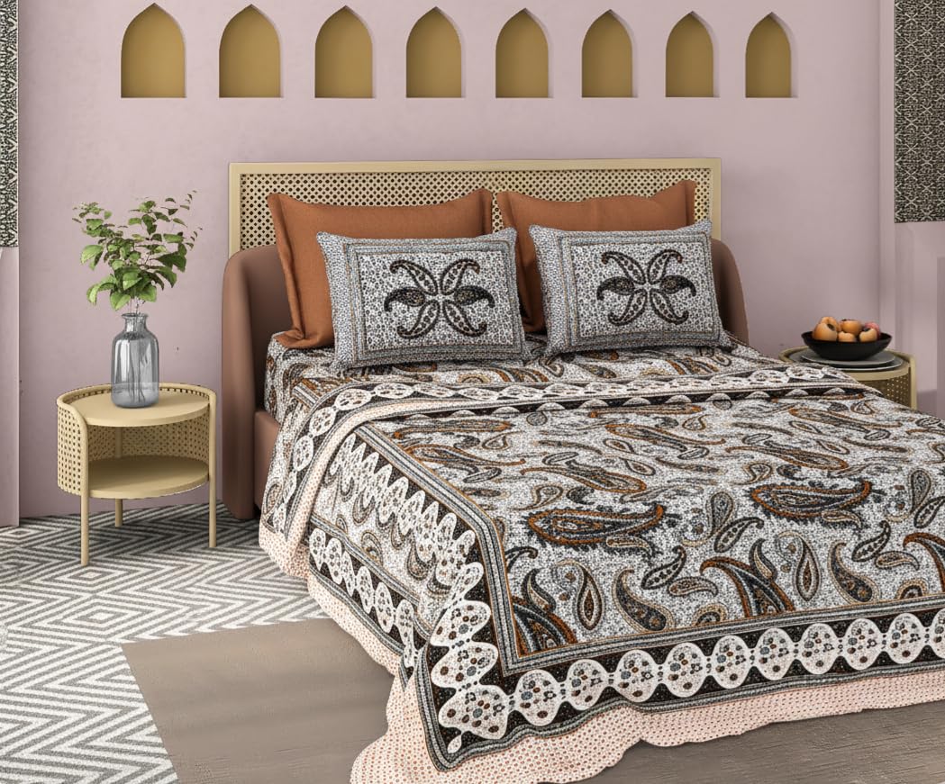 Classic Paisley 100% Cotton Double Bed Sheet Set - 110 TC-With 2 Pillow 18X28 Inch