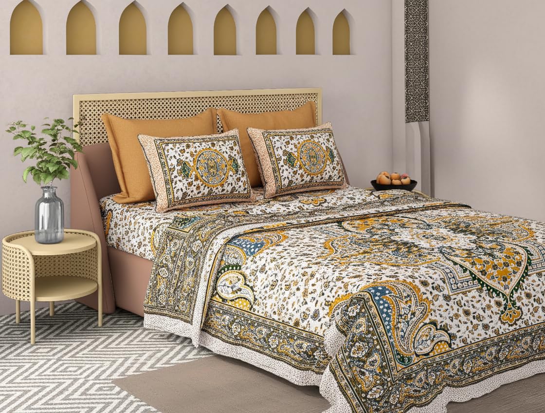 Golden Medallion 100% Cotton Double Bed Sheet Set - 110 TC-with 2 Pillow 18X28 Inch