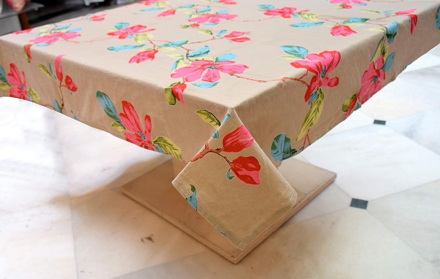 Capua Cotton Floral Print Tea/Coffee/Study Table Cover-Tablecloth (Brown)