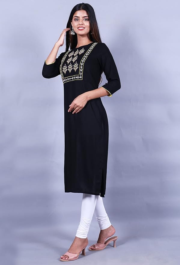 Women's Casual Solid/Embroidered Rayon Black Kurta