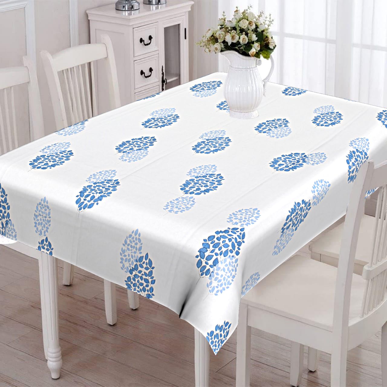CAPUA Pure Cotton Printed Table Cover  (White Blue)