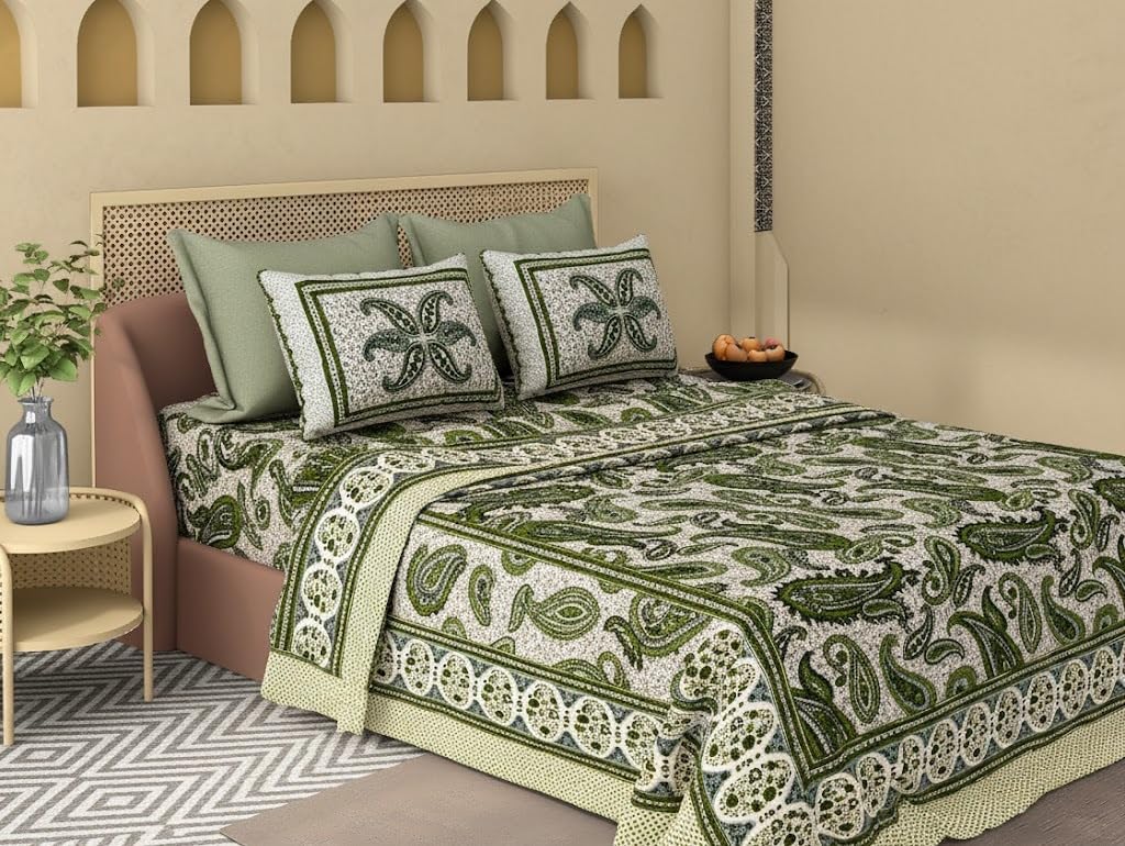Paisley Motif 100% Cotton Double Bed Sheet Set - 110 TC-With 2 Pillow 18X28 Inch