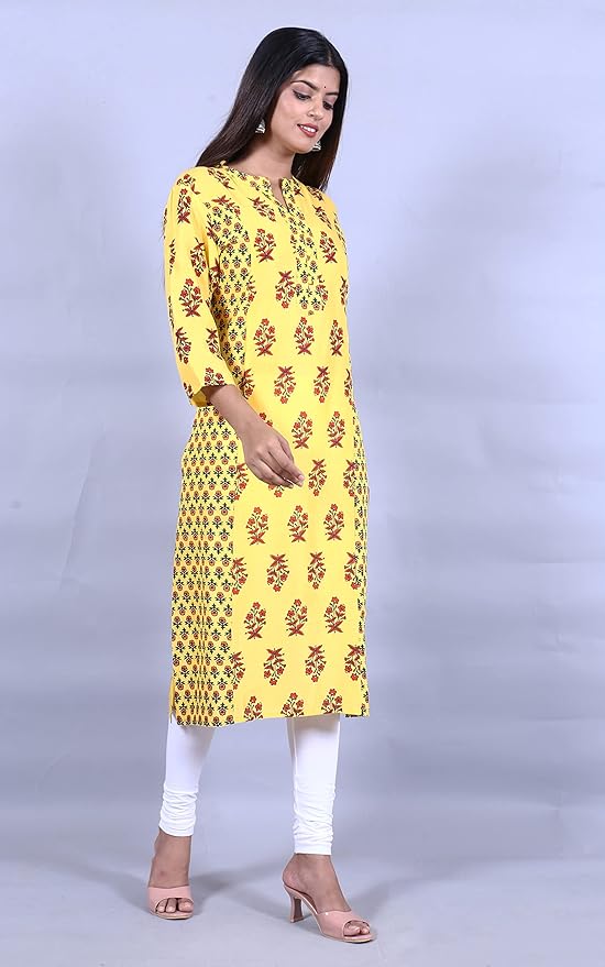 Capua Women's Casual Floral Printed Rayon Yellow Kurta