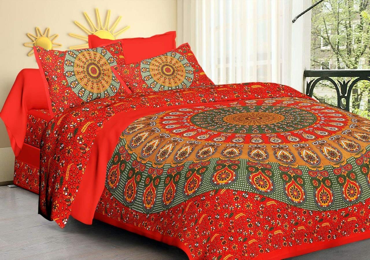 Traditional Jaipuri Double Bedsheet Cotton with 2 Pillow Cover (Red Mandala, 220 X 240 cm)