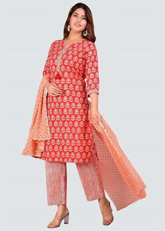 Capua  Women's Floral Printed Red Cotton Kurta Pant And Dupatta