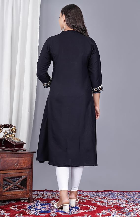 Capua  Women's Rayon Slub Casual Flared Solid/Printed Black Kurta