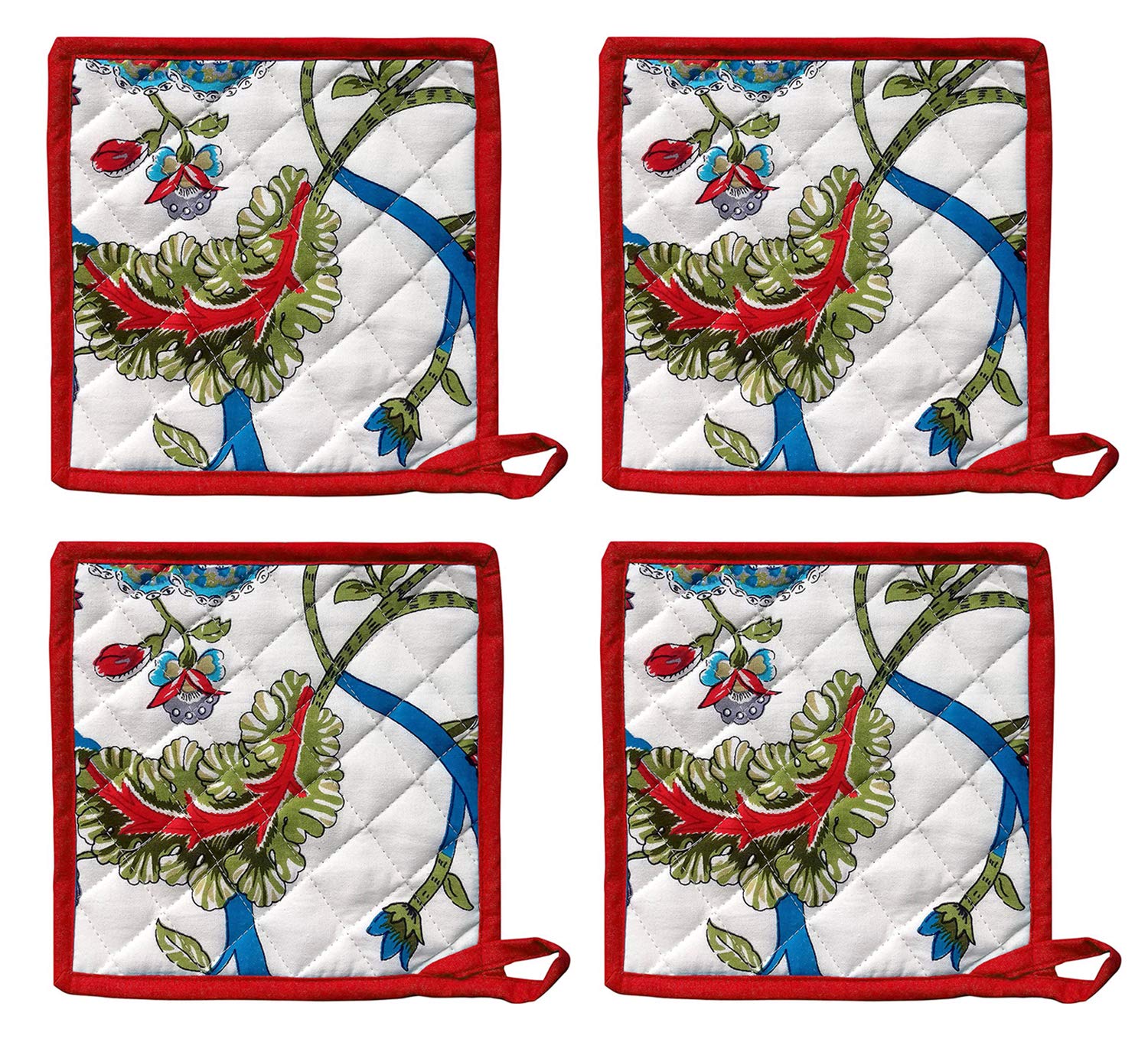 100% Cotton Set of 4 Pot Holders 8 Inch by 8 Inch Multi Floral