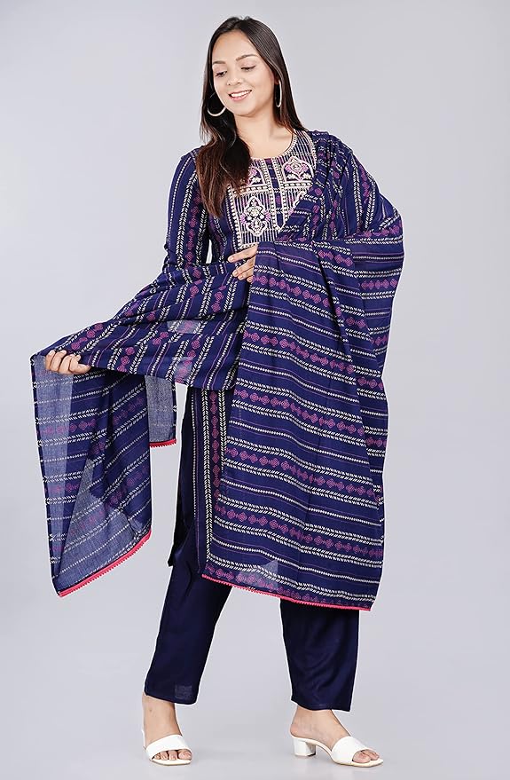 Women's Rayon Printed Embroidery Straight Kurta Pant with Dupatta