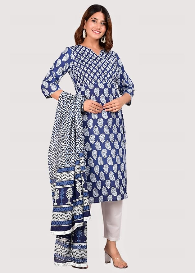 Capua  Women's Printed Blue Cotton Kurta Pant And Dupatta Set