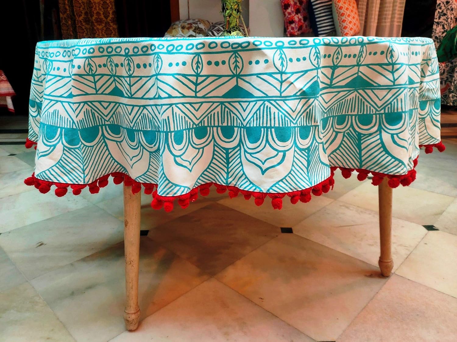 100% Cotton Round Table Cover Dining Tablecloth 6 Seater Table Cover (Light Turquoise)