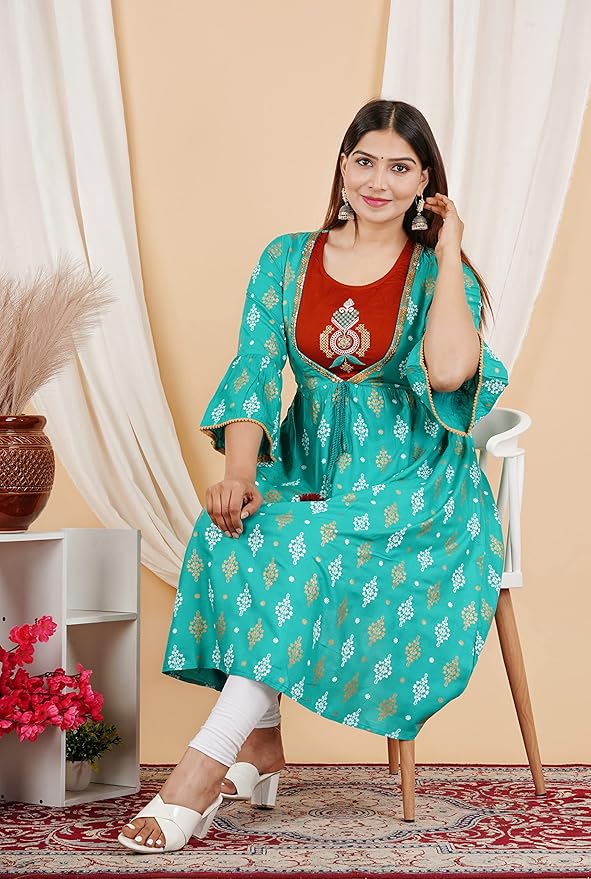 Capua  Women Rayon Floral Printed Embroidered Flared Kurta (MB-067)