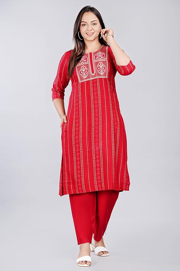Women's Rayon Printed Embroidery Straight Kurta Pant with Dupatta
