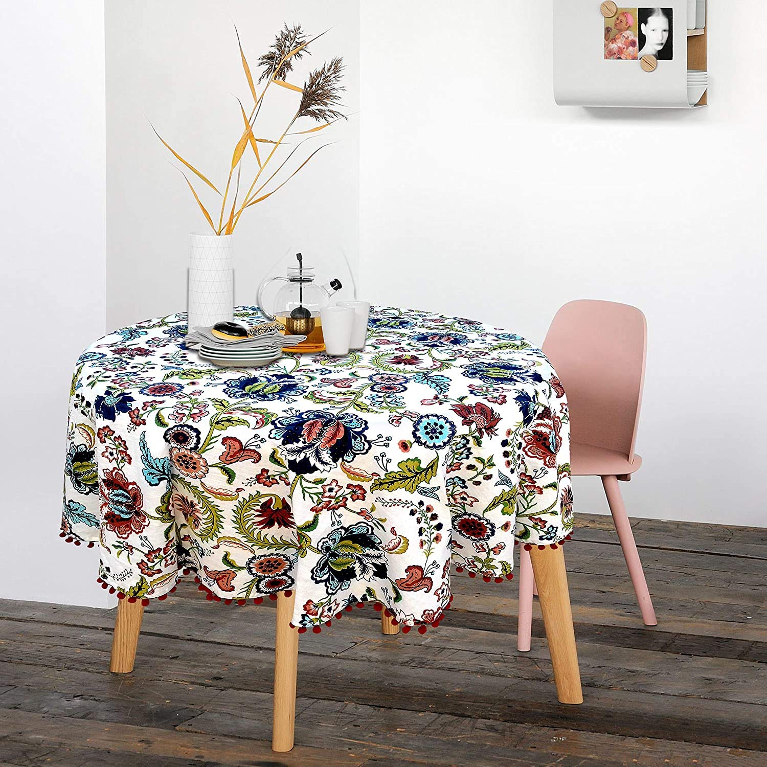 Capua Cotton Multi Flower Round Dining Table Cover Tablecloth, 65-inch , Multicolour