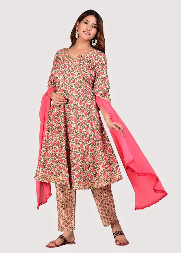 Capua  Women's Floral Printed Cotton Kurta pant And Dupatta