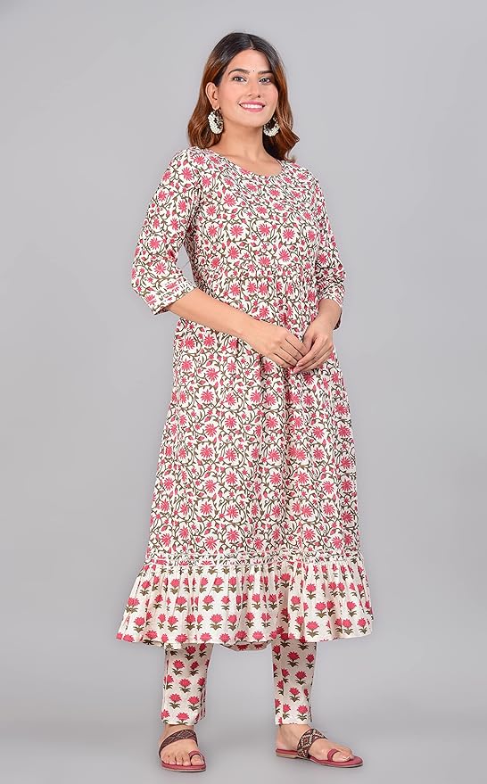 Capua  Women's Floral Printed Multi Cotton Kurta Pant Set