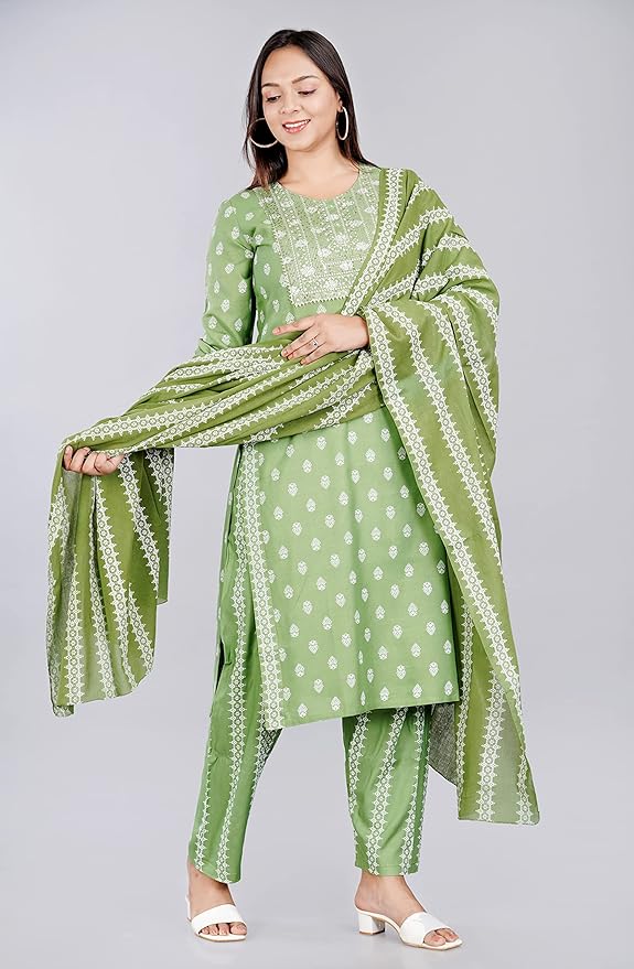 Capua  Women's Rayon Printed Embroidery Straight Kurta Pant with Dupatta