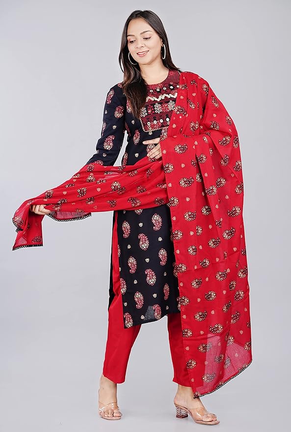 Capua  Women's Rayon Printed Embroidery Straight Kurta Pant with Dupatta