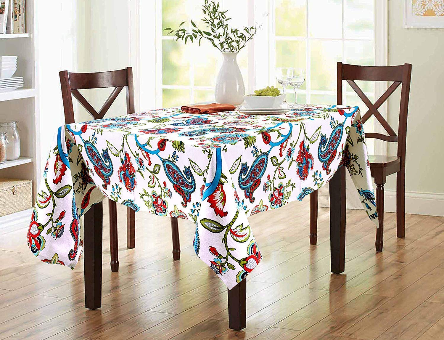 Cotton Blue-Multi Color Floral Print Design 6 Seater Table Cover Tablecloth