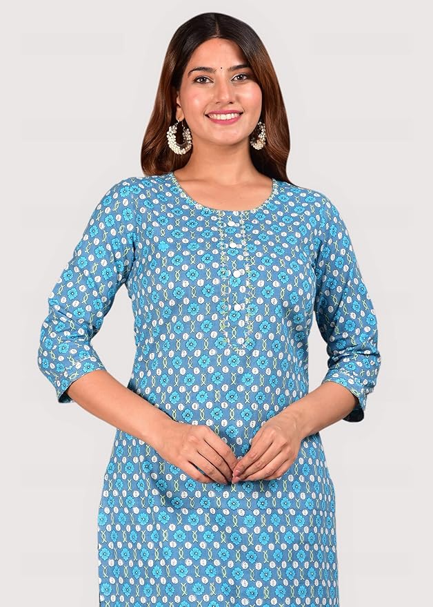 Capua  Women's Floral Printed Sky Blue Cotton Kurta Pant