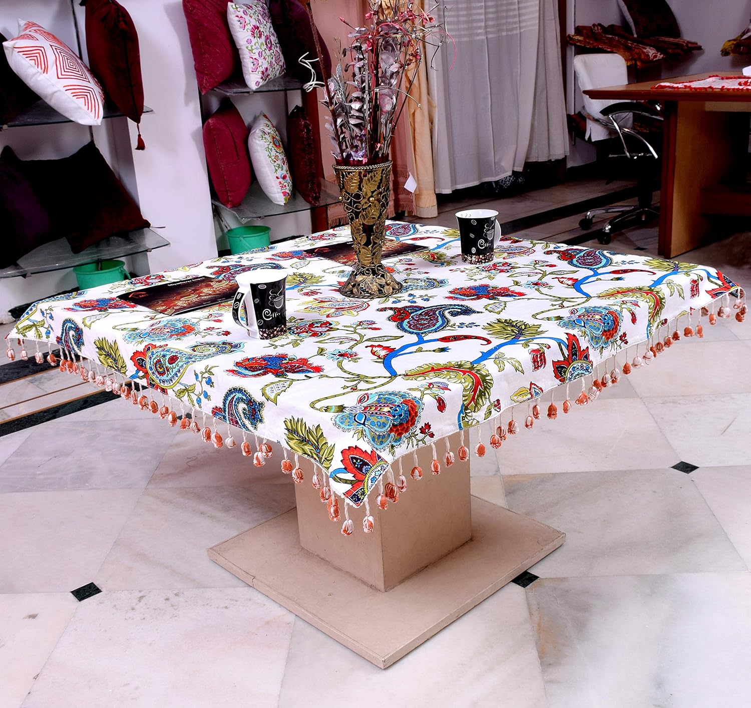 100% Cotton Tea/Coffee Table Cover with Color POM-POM Lace Border Multi Color