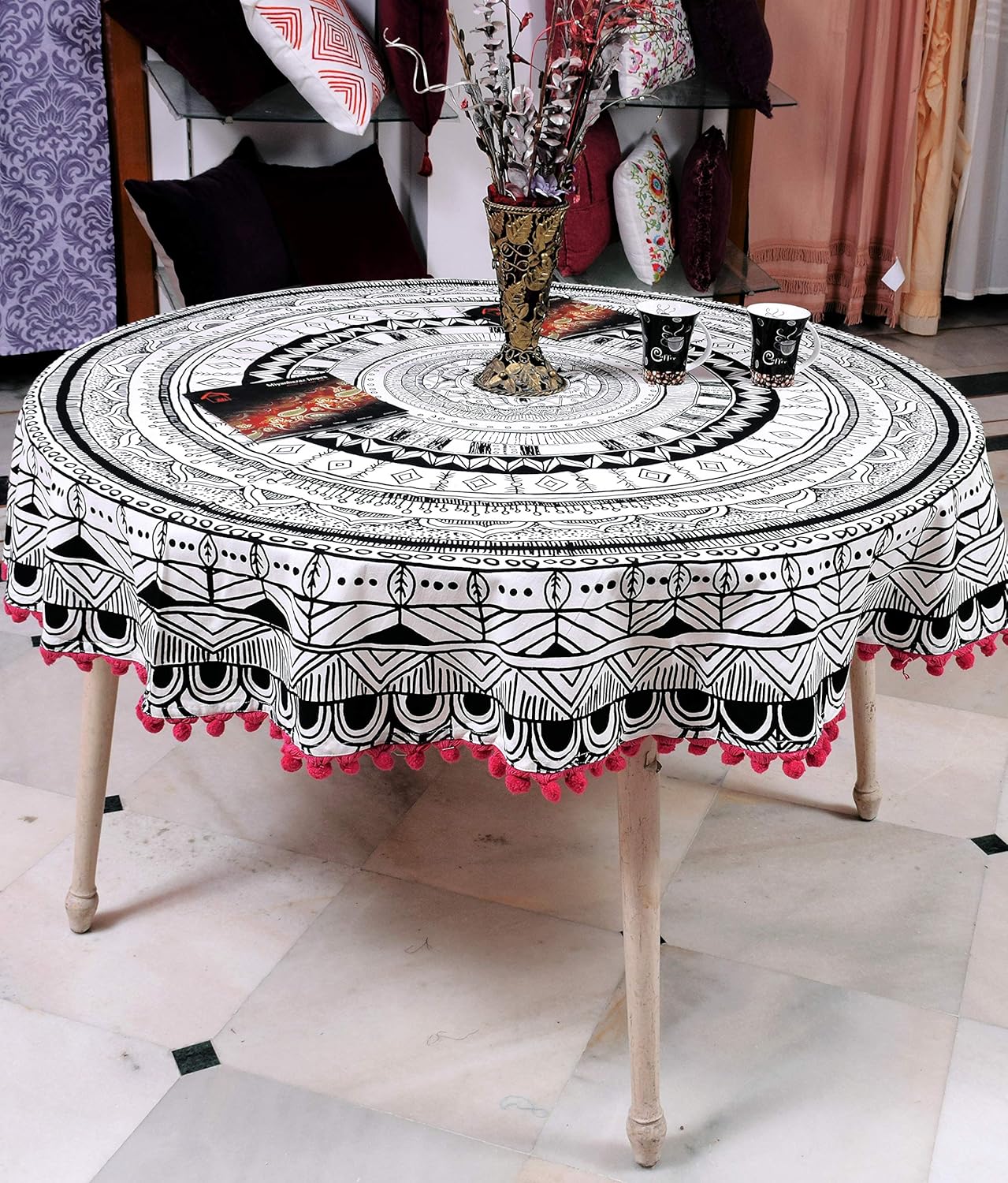100% Cotton Dining Round Table Cover with Pink Pom-pom Lace Border Round Tablecloth (Black)