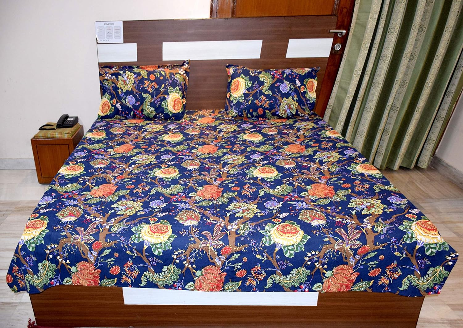 Capua 100% Cotton Double Bedsheet with 2 Pillow Covers - Multi (Navy Blue)