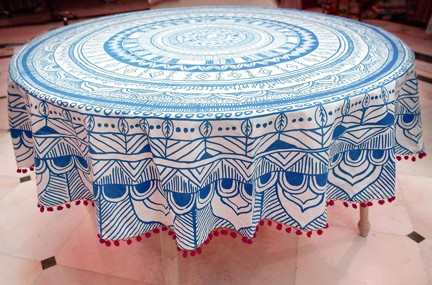 6 Seater Table Cover 100% Cotton Round Tablecloth with POM-POM Lace Border for Dinning Table (Sky Blue with Multi POM-POM)