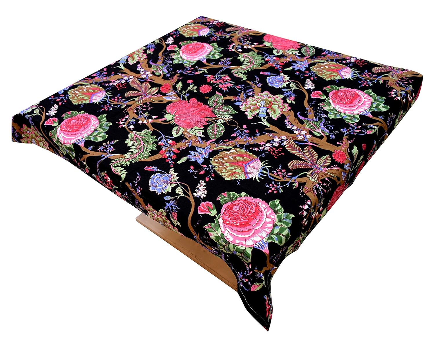 Capua Cotton Floral Print Tea/Coffee/Study Table Cover-Tablecloth (Black)