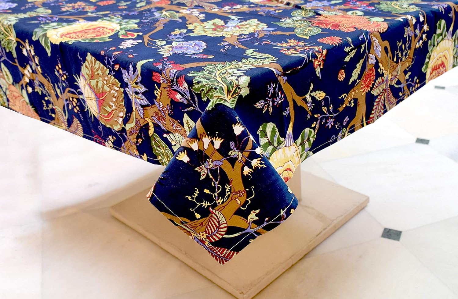 Capua Cotton Floral Print Tea/Coffee/Study Table Cover-Tablecloth (Navy Blue)