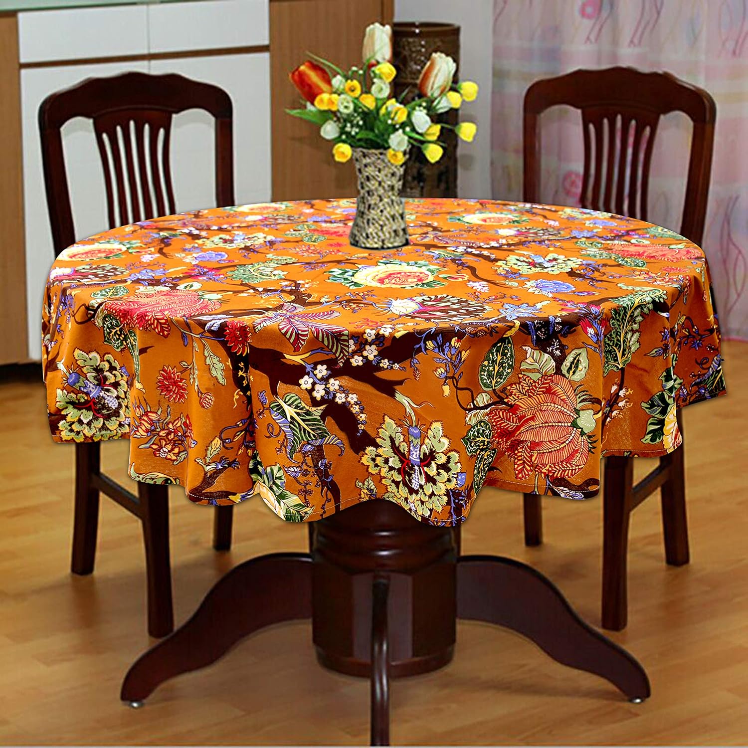 Capua Cotton Washable Flowered Round Dining Table Cloth (Brown Multi)