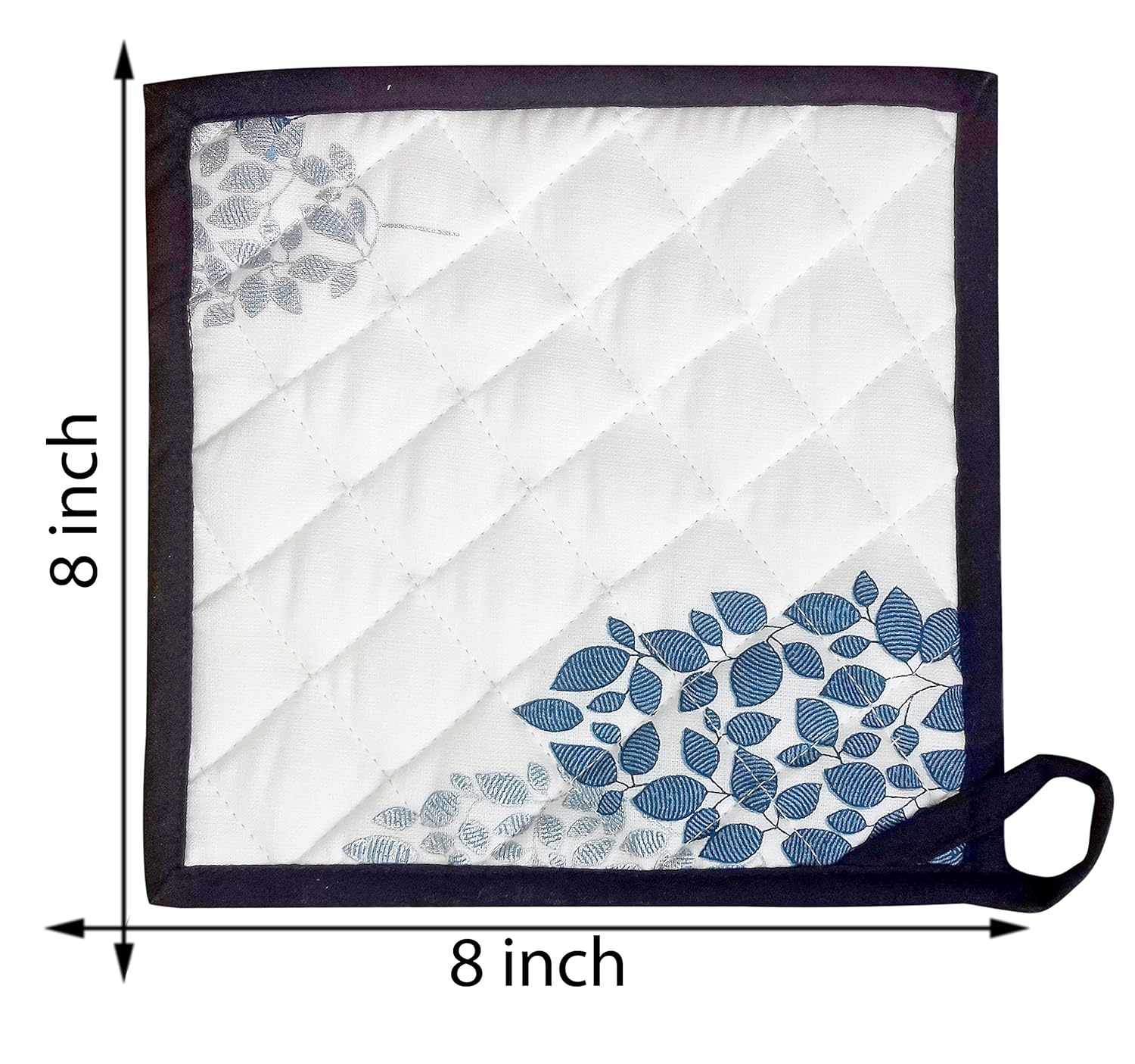 100% Cotton Set of 4 Pot Holders 8" by 8" Blue&Silver Leaf Printed