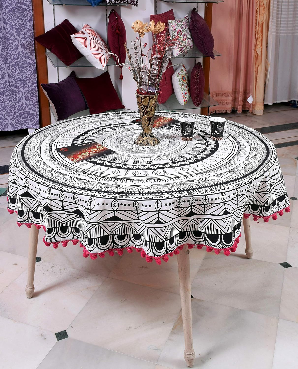 100% Cotton Dining Round Table Cover with Pink Pom-pom Lace Border Round Tablecloth (Black)