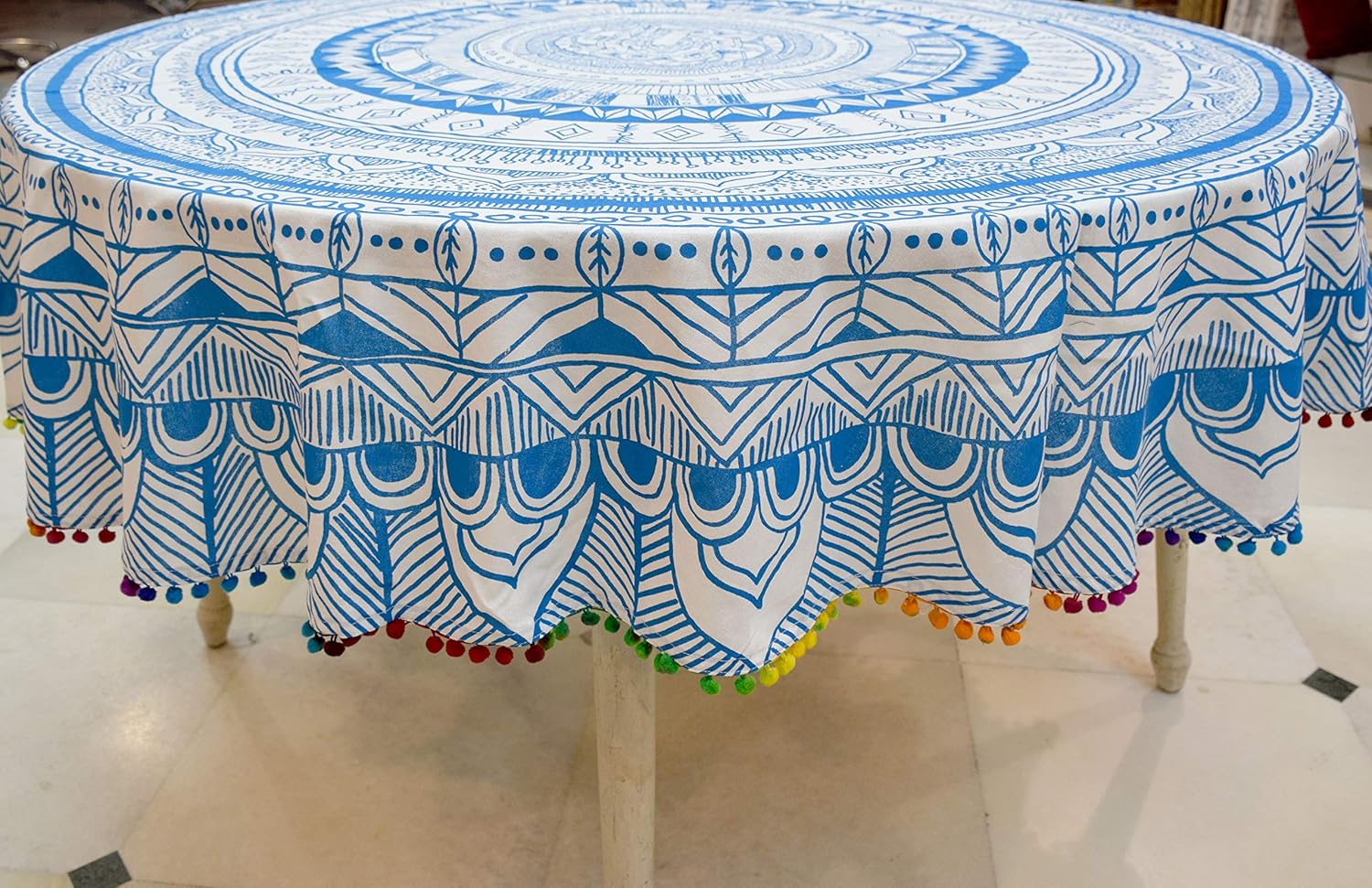 6 Seater Table Cover 100% Cotton Round Tablecloth with POM-POM Lace Border for Dinning Table (Sky Blue with Multi POM-POM)