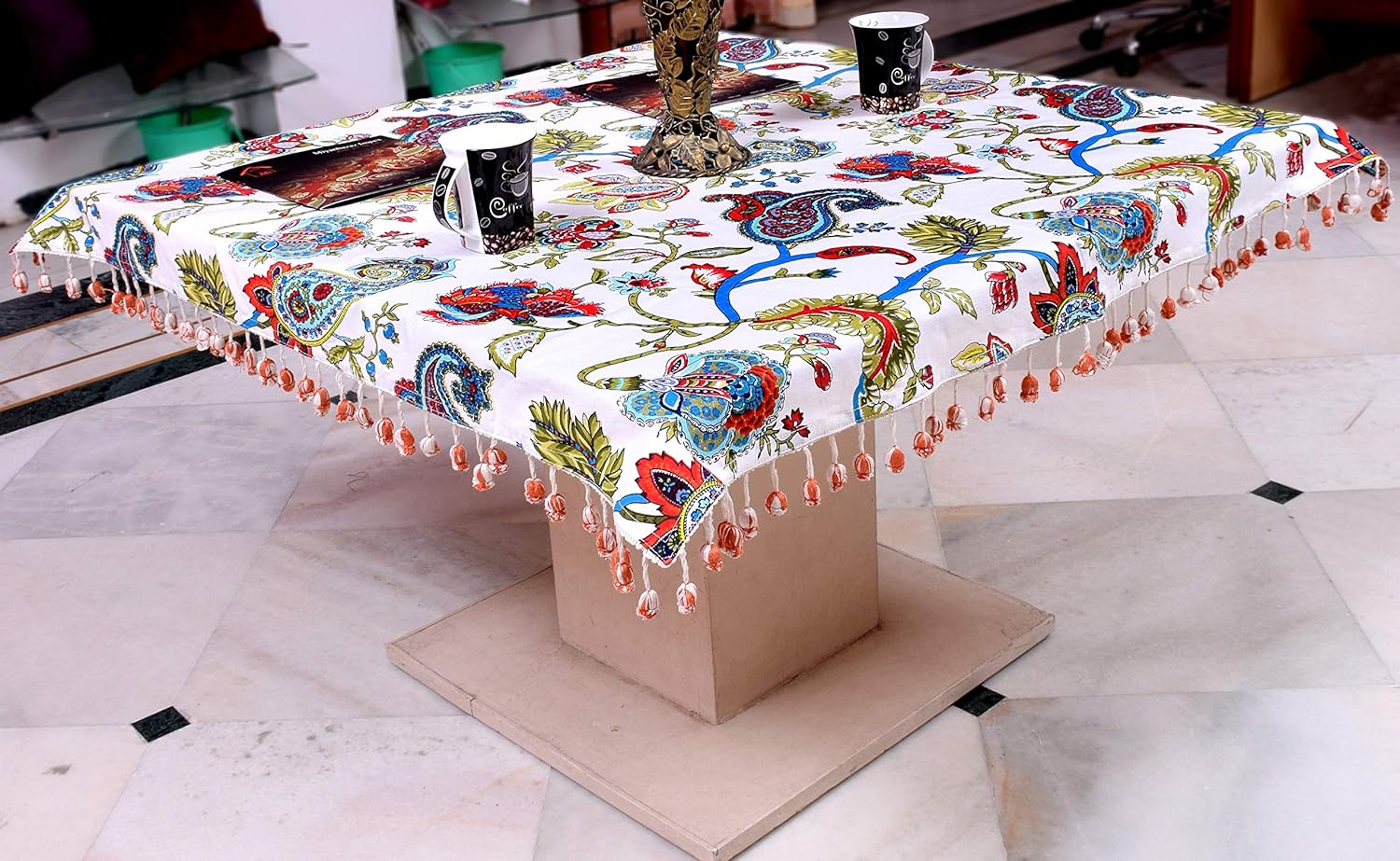 100% Cotton Tea/Coffee Table Cover with Color POM-POM Lace Border Multi Color