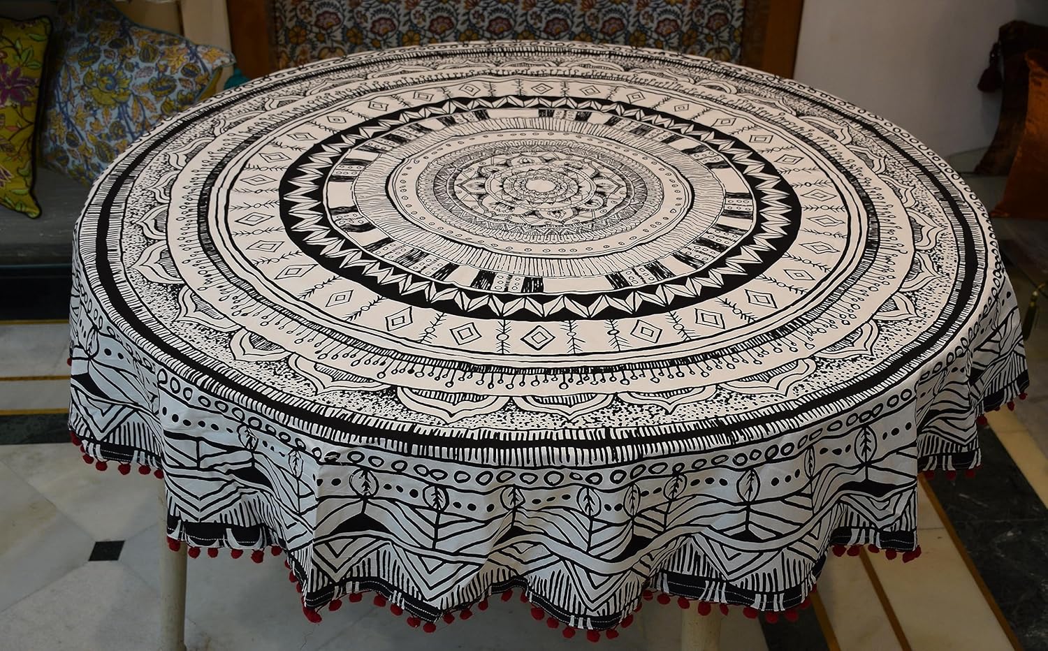 Capua Round Table Cover with Pom-Pom Laces Border Diameter 65 Inches Round Tablecloth