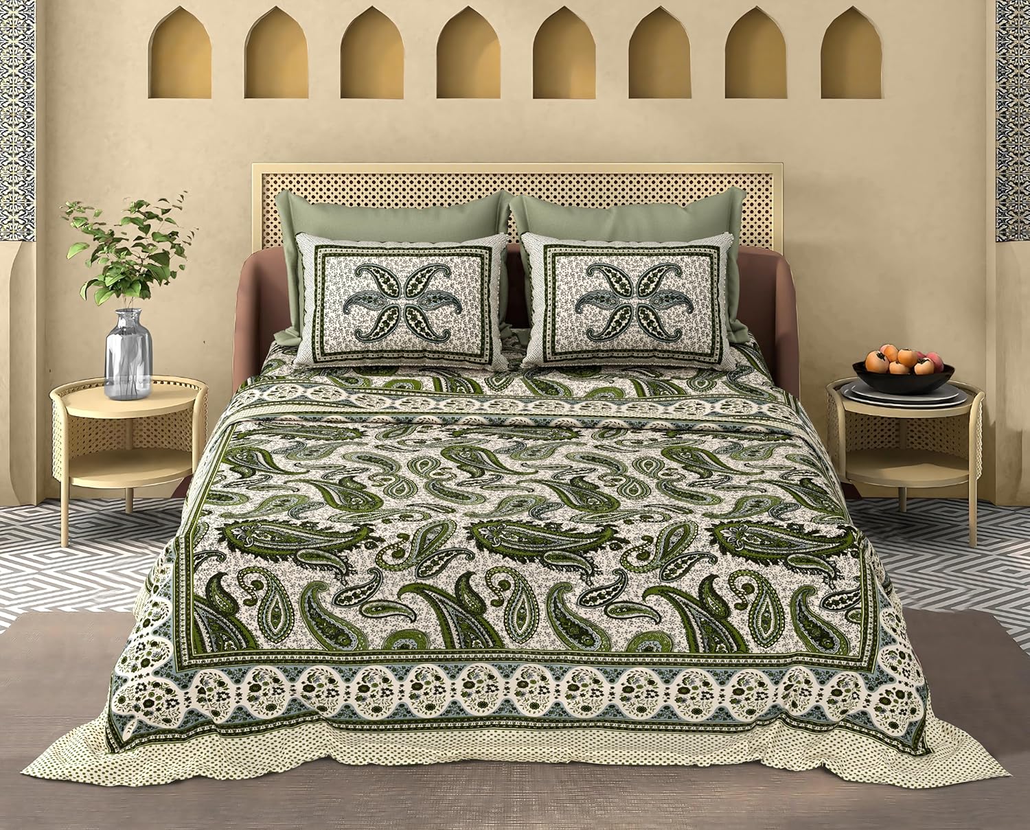 Paisley Motif 100% Cotton Double Bed Sheet Set - 110 TC-With 2 Pillow 18X28 Inch